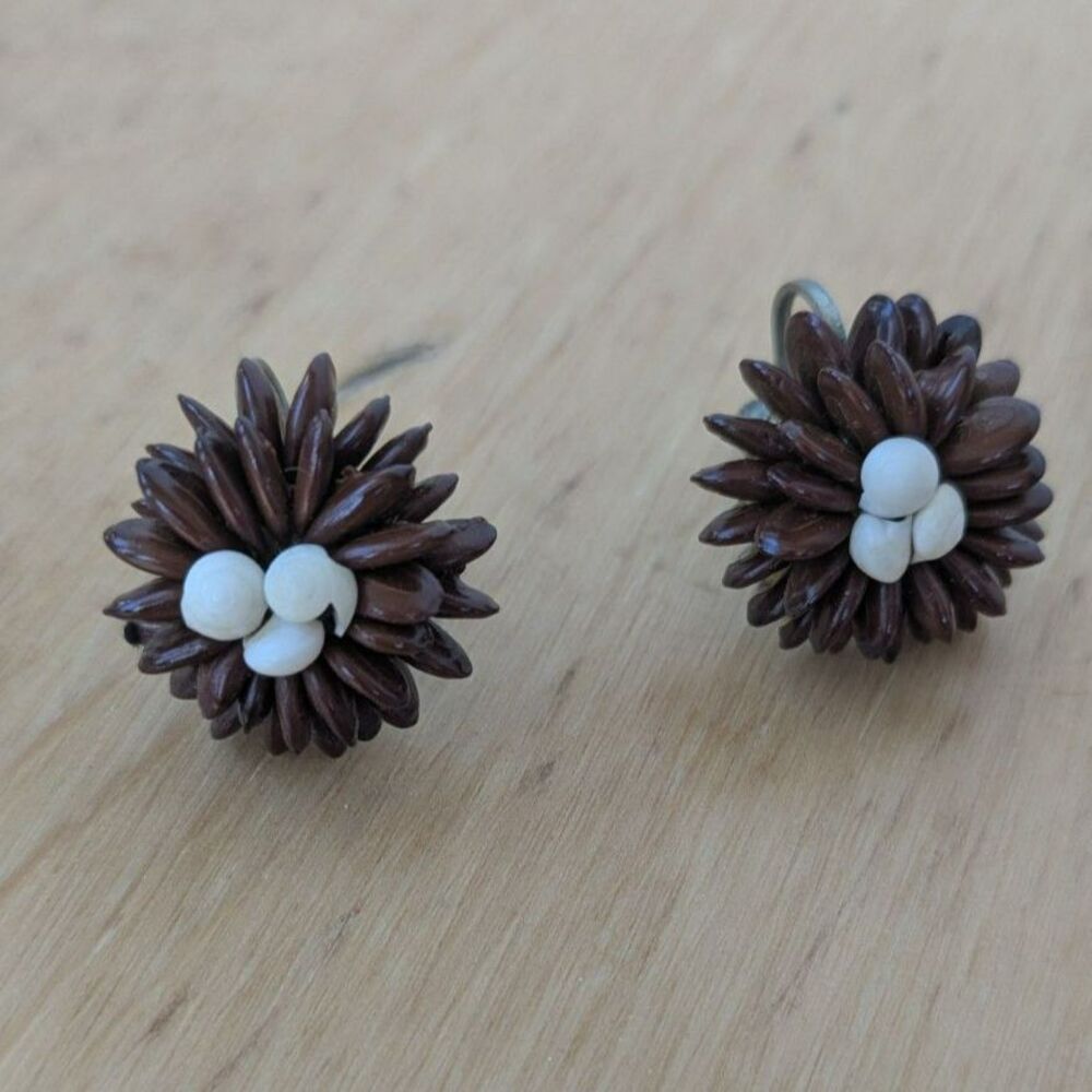 Vintage Koa seed & Ni’iahu shell screw back earrings - Brown and white
